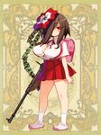  backpack bag breasts brown_hair bursting_breasts character_request flower full_body gun hair_flower hair_ornament hair_over_one_eye jitome large_breasts miniskirt official_art oppai_loli petite pleated_skirt psychic_hearts randoseru red_eyes rifle ryoji_(nomura_ryouji) shoes short_sleeves skirt sneakers solo suspenders weapon 