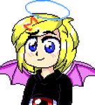  barrette bat_wings black_sweater blonde_hair blue_eyes dungeon_toaster evil_eye_sigma eyeball halo head humanization oota_jun'ya_(style) pc98 pixel_art red_eyes simple_background solo sweater touhou touhou_(pc-98) wings 