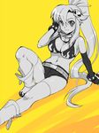  arm_support bad_id bad_pixiv_id belt bikini_top boots breasts cleavage flame_print gloves hair_ornament jii large_breasts long_hair navel ponytail scarf short_shorts shorts sitting skull_hair_ornament solo spot_color studded_belt studded_bracelet tengen_toppa_gurren_lagann thighhighs yellow_background yoko_littner 