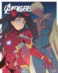  1girl armor avengers avengers:_age_of_ultron bianyuanqishi blue_eyes cosplay facial_mark fate/stay_night fate_(series) gilgamesh highres iron_man iron_man_(cosplay) marvel parody power_armor toosaka_rin two_side_up vision_(marvel) vision_(marvel)_(cosplay) 
