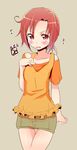  blush brown_background dated de_(deys) hino_akane_(smile_precure!) looking_at_viewer precure red_eyes red_hair short_hair shorts signature simple_background smile_precure! solo 