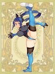  bangs blue_hair blunt_bangs breasts character_request covered_nipples elbow_gloves floating_hair full_body furrowed_eyebrows gloves high_kick high_ponytail highleg highleg_leotard kicking large_breasts leg_up leotard long_hair official_art psychic_hearts ryoji_(nomura_ryouji) serious solo thighhighs 