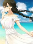  bare_shoulders beach black_hair blue_eyes blush braid breasts clouds collarbone dress eyebrows eyebrows_visible_through_hair floating_hair highres kurasaki_aya large_breasts long_hair looking_away mole necklace ocean original osananajimi_na_fuyuka-chan_wa_motto_shounen_ni_kamatte_hoshii_you_desu outdoors ring short_sleeves sky smile solo standing twin_braids water white_dress wind 