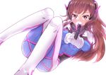  aiming_at_viewer bangs brown_eyes brown_hair bubble_blowing caibao chewing_gum commentary_request d.va_(overwatch) facial_mark gloves gun headphones highres holding holding_gun holding_weapon long_hair looking_at_viewer overwatch pilot_suit simple_background solo weapon whisker_markings white_background 
