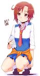  bottle dated de_(deys) hino_akane_(smile_precure!) nanairogaoka_middle_school_uniform necktie precure red_eyes red_hair school_uniform short_hair signature simple_background smile_precure! socks solo squatting white_background 