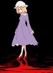  black_background blonde_hair darkness dress expressionless hat high_heels legs long_sleeves looking_down maribel_hearn mob_cap no_pupils purple_dress red_eyes red_footwear reflection ripples shiroshi_(denpa_eshidan) shoes solo touhou water 