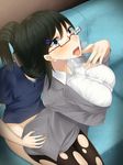  black_hair blue_eyes blush bottomless breast_hold breasts business_suit clothed_sex collared_shirt couch crying eyebrows eyebrows_visible_through_hair glasses grey_skirt hair_up hairclip heavy_breathing highres indoors kurasaki_aya large_breasts legs long_hair looking_up mole open_mouth original osananajimi_na_fuyuka-chan_wa_motto_shounen_ni_kamatte_hoshii_you_desu pantyhose red-framed_glasses semi-rimless_glasses sitting sitting_on_person skirt solo_focus suit tears thighs torn_pantyhose 