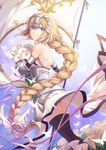  armor blonde_hair braid breasts fate/apocrypha fate/grand_order fate_(series) flag flower gauntlets headpiece highres jeanne_d'arc_(fate) jeanne_d'arc_(fate)_(all) jh long_hair medium_breasts single_braid smile solo thighhighs yellow_eyes 