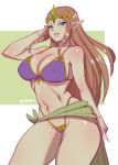  1girl blue_eyes bokuman breasts brown_hair cleavage erect_nipples eyebrows large_breasts long_hair looking_at_viewer navel nintendo panties parted_lips pointy_ears princess_zelda simple_background smile solo standing stomach the_legend_of_zelda underwear 