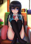  ahoge black_hair black_legwear blue_eyes blush breasts convenient_leg highres large_breasts long_hair looking_at_viewer netoge_no_yome_wa_onna_no_ko_janai_to_omotta? no_shoes okuriyuku school_uniform smile solo sweater_vest tamaki_ako thighhighs 