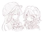  bangs braid chinese_clothes closed_eyes clothes_hanger commentary_request hand_on_own_chin hat hong_meiling izayoi_sakuya long_hair maid_headdress monochrome multiple_girls satou_kibi sketch smile sweatdrop touhou twin_braids 