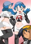  blue_hair crystal_(pokemon) gold_(pokemon) hainchu kenta_(pokemon) looking_at_viewer marina_(pokemon) navel nintendo pokemon smile team_rocket_(cosplay) 