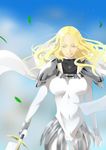  armor blonde_hair bodysuit breasts cape claymore claymore_(sword) contrapposto highres large_breasts long_hair ni_yaniyan pauldrons silver_eyes smile solo standing star_(sky) sword teresa_(claymore) thigh_gap weapon 