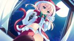  animal_hood bag bell bell_smith blue_eyes broken_window carrying_over_shoulder cat_tail christmas_trick_star! dutch_angle elbow_gloves game_cg gift gloves gun handgun hood kneehighs miko_92 moon night panties pantyshot pointing pointing_at_viewer pom_pom_(clothes) santa_costume skirt smile solo tail underwear weapon white_gloves white_panties window 