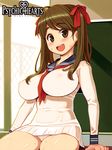  breasts brown_eyes brown_hair chalkboard character_request classroom covered_nipples hair_ribbon large_breasts logo long_hair long_sleeves looking_at_viewer lowres official_art open_mouth psychic_hearts ribbon ryoji_(nomura_ryouji) skin_tight skirt solo sweat 