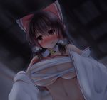  bandages blush breasts breath hakurei_reimu hydrant_(kasozama) large_breasts looking_at_viewer navel pov saliva sarashi skindentation solo sweat tongue tongue_out touhou 