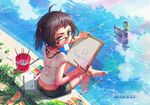  ahoge barefoot bird blue_eyes brown_hair casual dated drawing duck glasses highres long_hair luode_huayuan mouth_hold original paintbrush sandals sandals_removed semi-rimless_eyewear shoes_removed skirt soaking_feet solo twintails water wet 