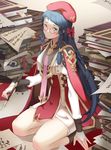  bad_id bad_pixiv_id beret black_hair blue_eyes blush book_stack bookmark bridal_gauntlets cape dress glasses gotmil hat holding holding_pen librarian long_hair on_ground original paper pen pince-nez red-framed_eyewear red_hat sitting solo tears tri_braids white_dress 