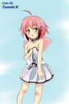  :o absurdres bare_shoulders blue_background blush collar dress eyebrows eyebrows_visible_through_hair green_eyes highres ikaros looking_at_viewer open_mouth pink_hair short_hair simple_background solo sora_no_otoshimono standing tomoki_k white_dress 