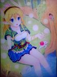  blonde_hair capelet colored_pencil_(medium) commentary_request creature elf green highres kittona knife looking_at_viewer miniskirt open_hands pointy_ears river skirt smile traditional_media tree watercolor_(medium) weapon 