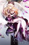  :d angel_wings ass blonde_hair breasts cleavage crossed_arms crossed_legs feathered_wings feathers had high_heels highres huge_breasts long_hair looking_at_viewer moemoe3345 open_mouth original puffy_sleeves purple_eyes smile solo thighhighs wings 