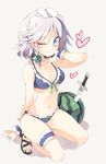  arm_behind_back bangs bikini blue_eyes bow bow_bikini braid commentary_request fingernails food frilled_bikini frills fruit garters hair_bow hand_on_own_chest heart high_heels izayoi_sakuya kneeling knife leg_garter long_fingernails maid_headdress navel one_eye_closed sandals satou_kibi short_hair silver_hair smile solo squatting stabbed swimsuit toenails touhou watermelon wrist_cuffs 