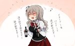  annin_musou bad_id bad_pixiv_id bottle check_translation closed_eyes eighth_note grey_hair hair_between_eyes hat kantai_collection long_hair mini_hat musical_note pola_(kantai_collection) solo tilted_headwear translation_request wavy_hair wine_bottle 