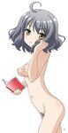  :o ahoge areolae blush book breasts brown_eyes female from_side girlfriend_(kari) holding holding_book light_brown_eyes looking_at_viewer natsume_mahiro navel nipples nude open_book open_mouth pubic_hair short_hair signature silver_hair simple_background solo vzmk2 white_background 