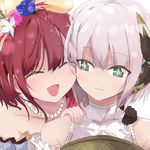  atelier_(series) atelier_sophie bad_id bad_pixiv_id bare_shoulders brown_hair closed_eyes gloves grey_eyes hair_ornament hands_on_another's_shoulders jewelry maromi_(am97) multiple_girls necklace plachta portrait shirt short_hair silver_hair single_glove smile sophie_neuenmuller yuri 