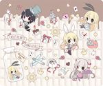  ace_of_hearts alice_(wonderland) alice_(wonderland)_(cosplay) alice_in_wonderland amatsukaze_(kantai_collection) anchor apron atago_(kantai_collection) ayase_hazuki black_hair black_legwear blonde_hair bow bowtie box bunny_hair_ornament candle candy cheshire_cat cheshire_cat_(cosplay) chibi chocolate chocolate_heart cosplay cravat cup flower food gift gift_box hair_ornament hat heart heart_lock_(kantai_collection) kantai_collection key lifebuoy mad_hatter mad_hatter_(cosplay) multiple_girls poker purple_legwear rensouhou-chan rose shimakaze_(kantai_collection) ship's_wheel striped striped_legwear takao_(kantai_collection) teacup top_hat torpedo twintails white_bow white_neckwear 