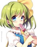  ascot blue_eyes blush candy commentary_request covering_mouth daiyousei face fairy_wings food green_hair hair_ribbon lollipop looking_at_viewer masaru.jp puffy_sleeves ribbon shirt short_sleeves side_ponytail simple_background solo touhou twitter_username upper_body vest white_background wings 