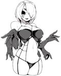  arachne breasts extra_eyes greyscale hair_over_one_eye insect_girl kamaboko_(ossann0125) large_breasts monochrome monster_girl multiple_arms original short_hair solo spider_girl 