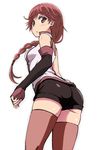  :o ass bad_id bad_pixiv_id bare_shoulders beaver_(artist) braid elbow_gloves fingerless_gloves gloves hai_to_gensou_no_grimgar hair_over_shoulder long_hair looking_at_viewer red_eyes red_hair shorts single_braid solo thighhighs yume_(grimgar) 