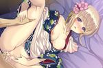  1girl bare_legs bed bergenia_(flower_knight_girl) blonde_hair blush breasts breasts_outside censored city_forest_online collarbone cum flower flower_knight_girl game_cg hair_flower hair_ornament happy_sex hetero leg_grab medium_breasts missionary mosaic_censoring nipples official_art overflow penis pillow purple_eyes sex shiny shiny_skin short_hair single_bare_shoulder smile solo_focus spread_legs vaginal 