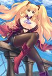  anne_bonny_(fate/grand_order) ascot belt black_legwear blonde_hair boots breasts cloud day fate/grand_order fate_(series) from_below gloves hair_ribbon large_breasts long_hair looking_at_viewer looking_down pantyhose red_eyes red_footwear ribbon shingo_(picturepuzzle) shorts sitting sky smile solo torn_clothes twintails 