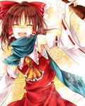  :d armpits ascot bare_shoulders blue_scarf bottle bow brown_hair closed_eyes commentary_request detached_sleeves frilled_shirt_collar frills hair_bow hair_tubes hakurei_reimu japanese_clothes kutsuki_kai long_sleeves looking_at_viewer miko open_mouth red_bow ribbon-trimmed_sleeves ribbon_trim sake_bottle sarashi scarf shaded_face skirt skirt_set smile solo touhou wide_sleeves 