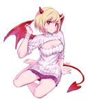  barefoot blonde_hair breasts cleavage_cutout demon_girl demon_horns demon_tail demon_wings horns looking_at_viewer medium_breasts meme_attire miniskirt open-chest_sweater original pleated_skirt red_eyes red_wings ribbed_sweater rushi_(bloodc) short_hair sitting skirt smile solo sweater tail wings 