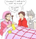  animal_ears big_bad_wolf big_bad_wolf_(cosplay) cape cat_ears cloak cosplay grandmother_(little_red_riding_hood) grandmother_(little_red_riding_hood)_(cosplay) hat highres ikari_gendou ikari_shinji knitting little_red_riding_hood little_red_riding_hood_(grimm) little_red_riding_hood_(grimm)_(cosplay) mob_cap multiple_boys nagisa_kaworu neon_genesis_evangelion wolf_ears 