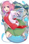  bandaged_arm bandages bun_cover double_bun flower full_body goemon1110 highres ibaraki_kasen looking_at_viewer open_mouth pink_eyes pink_hair puffy_sleeves ribbon rose shirt short_hair short_sleeves skirt solo tabard touhou water waterfall 