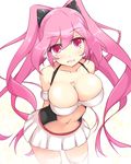 arms_behind_back breasts cleavage kuro_(be_ok) large_breasts leaning_forward long_hair looking_at_viewer miniskirt navel open_mouth pink_eyes pink_hair pleated_skirt rasis sidelocks skirt solo sound_voltex thighhighs white_legwear 