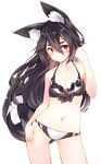  animal_ears ass_visible_through_thighs bare_shoulders bikini black_hair blush breasts brown_eyes cleavage collarbone cowboy_shot front-tie_bikini front-tie_top groin hair_between_eyes hand_on_hip highres long_hair looking_at_viewer looking_away medium_breasts navel original otokuyou simple_background solo swimsuit tail white_background 