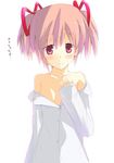  bare_shoulders commentary_request dress_shirt highres kaname_madoka looking_at_viewer mahou_shoujo_madoka_magica no_bra partially_undressed pink_eyes pink_hair shirt shirt_slip short_twintails smile solo tasuurin twintails white_shirt 