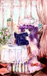  amii bad_id bad_pixiv_id beret book capelet chair covered_mouth crescent crescent_moon_pin cup curtains dress english hat highres hong_meiling indoors long_sleeves looking_at_viewer mob_cap multiple_girls open_book patchouli_knowledge pink_coat plant potted_plant purple_eyes purple_hair reading red_hair saucer sitting sleeping solo_focus striped striped_dress table tea teacup touhou transparent wide_sleeves window zzz 