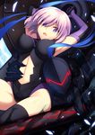  1girl armor bare_shoulders berserker_(fate/zero) black_armor breasts fate/grand_order fate/zero fate_(series) father_and_daughter full_armor hair_over_one_eye highres knight looking_at_viewer mash_kyrielight medium_breasts navel open_mouth oyaji-sou purple_eyes purple_hair shield short_hair 