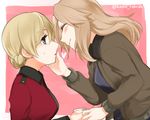  black_shirt blonde_hair blue_eyes brown_jacket cup darjeeling from_side girls_und_panzer hand_on_another's_face holding jacket kay_(girls_und_panzer) long_hair long_sleeves looking_at_another lowres military military_uniform multiple_girls nakaya_106 open_clothes open_jacket red_jacket saunders_military_uniform shirt short_hair smile st._gloriana's_military_uniform sweatdrop teacup twitter_username uniform upper_body yuri 