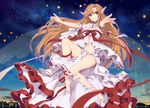  asuna_(sao) barefoot breasts brown_eyes brown_hair cleavage dress fairy_wings highres long_hair navel outstretched_arms outstretched_hand pointy_ears sky solo star_(sky) starry_sky sword_art_online titania_(sao) wings zjsstc 
