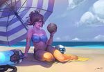  beach beach_towel beads bikini brown_hair coconut drinking_straw fruit_cup glasses hair_bun hair_ornament hair_stick highres looking_at_viewer marc_brunet mei_(overwatch) ocean overwatch plump robot sand shade sitting snowball_(overwatch) solo stomach swimsuit towel umbrella 