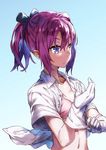  blue_eyes bow bra breasts gloves gradient gradient_background hair_bow kantai_collection navel open_clothes open_shirt pink_bra ponytail purple_hair redcomet shiranui_(kantai_collection) shirt short_ponytail short_sleeves simple_background small_breasts solo underwear upper_body white_gloves 