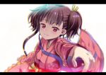  bangs blunt_bangs blurry bow brown_hair closed_mouth depth_of_field foreshortening glint hanao_(kuma-tan_flash!) japanese_clothes kimono koutetsujou_no_kabaneri letterboxed lips long_sleeves looking_at_viewer mumei_(kabaneri) outstretched_arm red_eyes sash short_twintails simple_background smile solo tareme twintails upper_body white_background wide_sleeves yellow_bow 