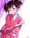 artist_name brown_hair choker floral_print hair_ribbon japanese_clothes kimono koutetsujou_no_kabaneri looking_at_viewer mery_(apfl0515) mumei_(kabaneri) red_eyes ribbon ribbon_choker short_hair smile solo twintails upper_body 